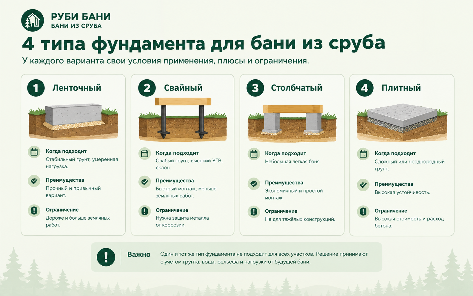 Четыре типа фундамента для бани из сруба